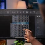 Homem apontando para tela do computador mostrando o projeto BIM de uma construção.