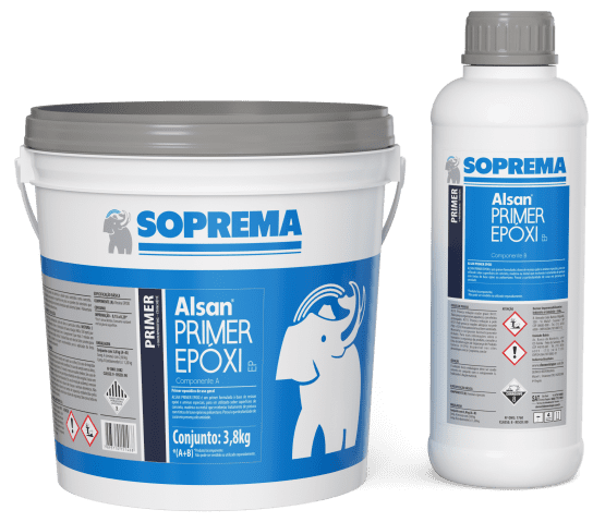 Imagem dos produtos de impermeabilização da Soprema, o Alsan Primer Epóxi