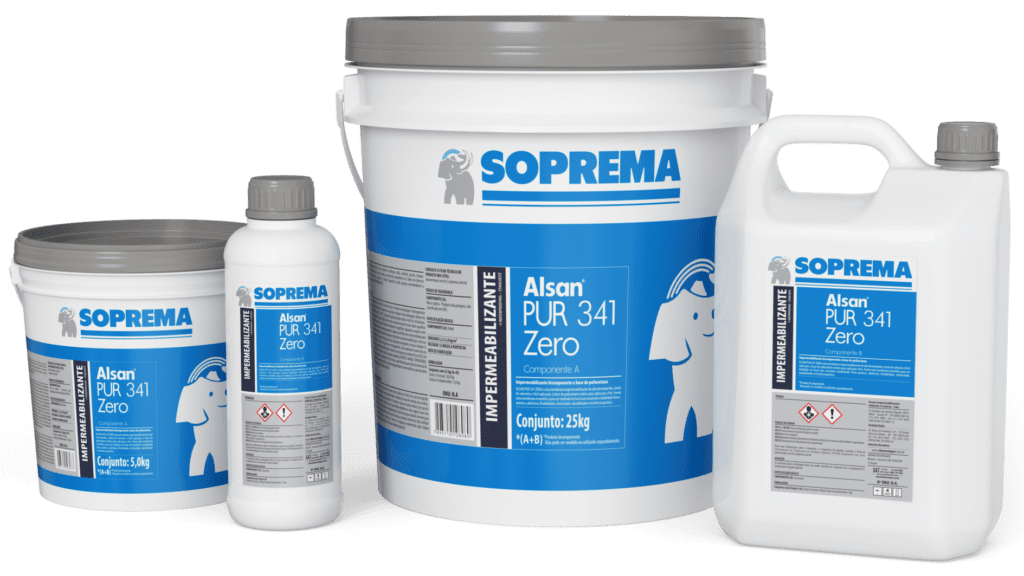Imagem dos produtos de impermeabilização da Soprema, o Alsan Pur 341 Zaro