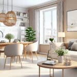 Imagem de um grande apartamento com paredes de cores claras, um sofá com almofadas, uma mesa com 3 cadeiras e uma pia.