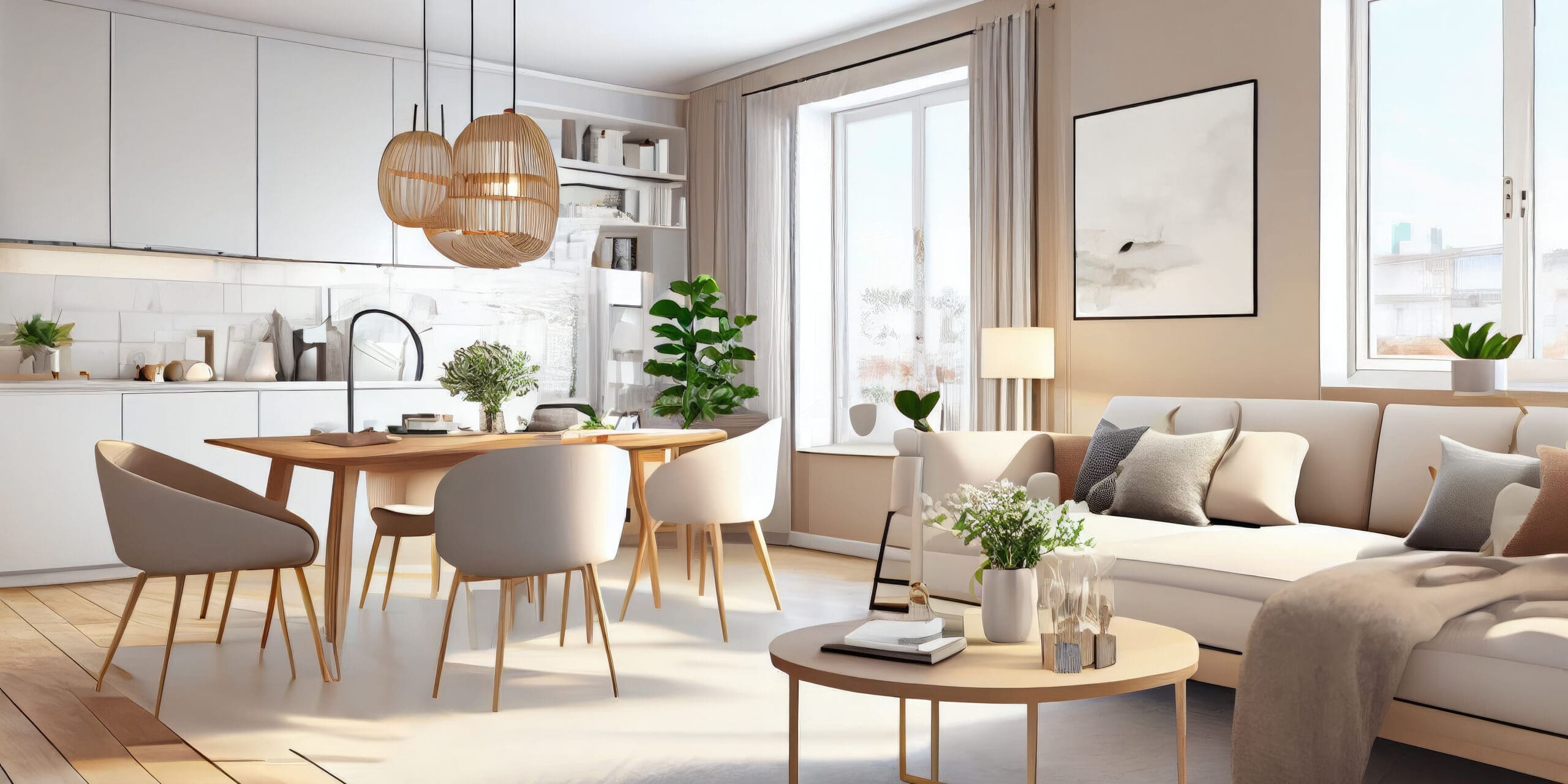Imagem de um grande apartamento com paredes de cores claras, um sofá com almofadas, uma mesa com 3 cadeiras e uma pia.