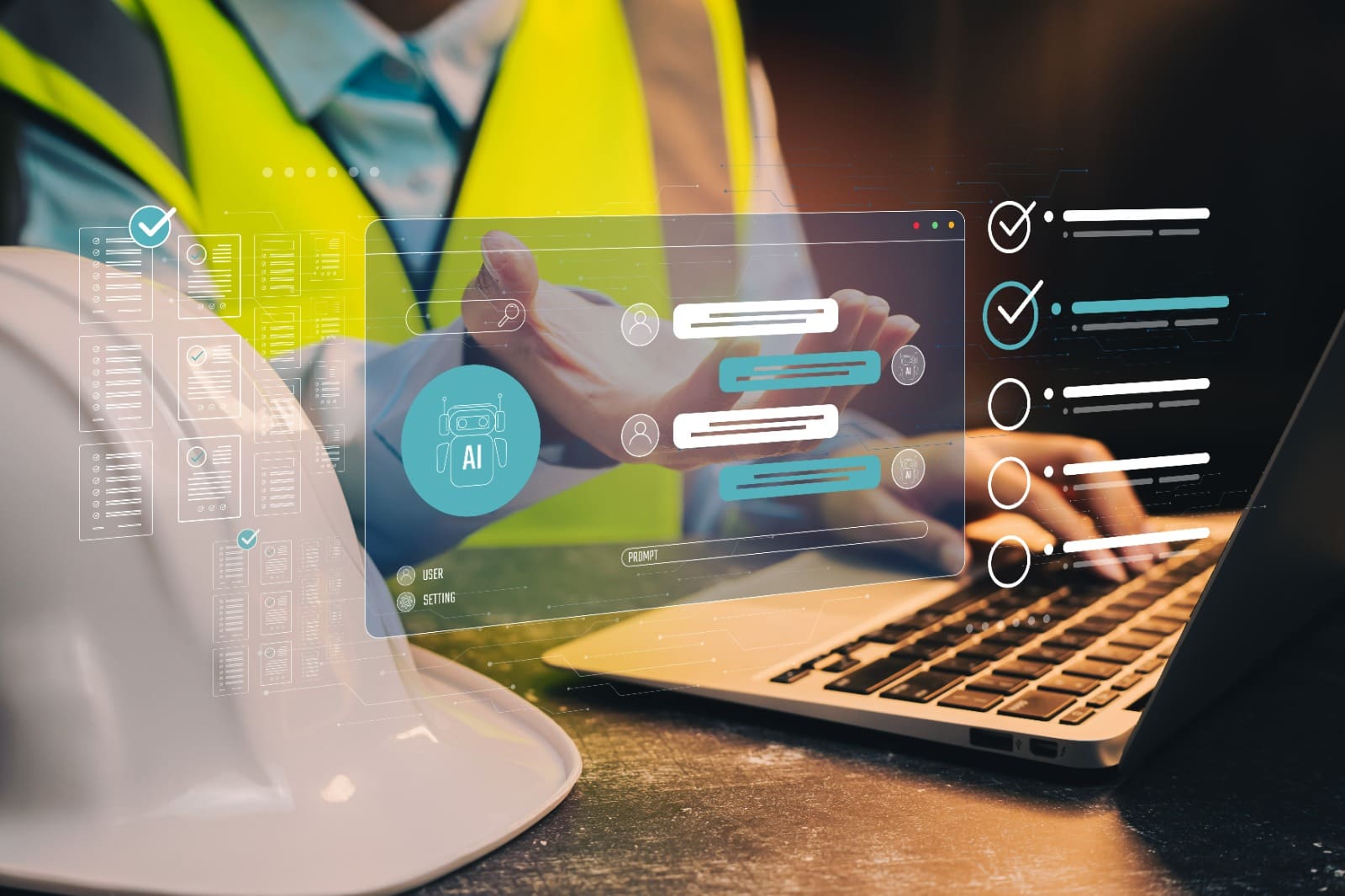 Profissional da construção civil utilizando notebook com interface de inteligência artificial para análise de dados e automação de processos em obras.
