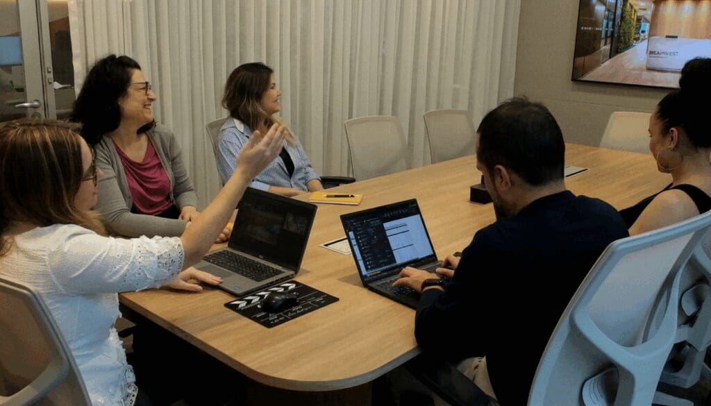 Equipe multidisciplinar da Space em reunião de planejamento estratégico para projetos corporativos.