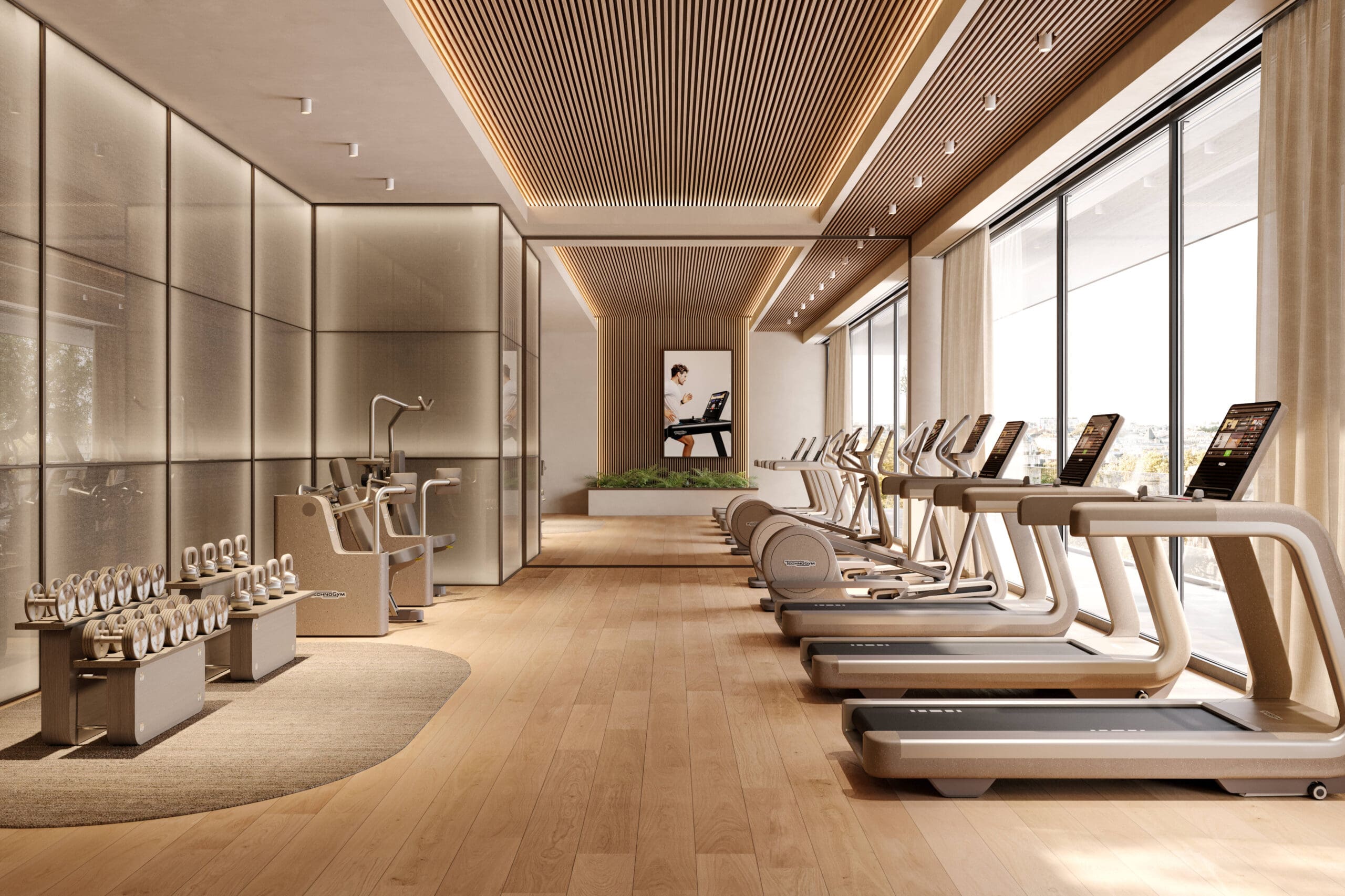 Academia de luxo equipada com aparelhos Technogym Artis Luxury, ambiente sofisticado com iluminação natural e design contemporâneo.
