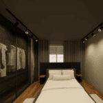 Quarto moderno com cama de casal, armário com portas de tela preta, iluminação de trilho e decoração minimalista, projetado pela Carbono Design no Living Wish Santo Amaro.