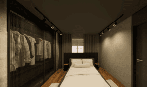 Quarto moderno com cama de casal, armário com portas de tela preta, iluminação de trilho e decoração minimalista, projetado pela Carbono Design no Living Wish Santo Amaro.