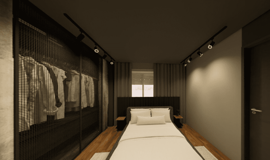Quarto moderno com cama de casal, armário com portas de tela preta, iluminação de trilho e decoração minimalista, projetado pela Carbono Design no Living Wish Santo Amaro.