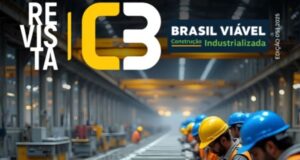 Trabalhadores com capacetes e coletes de segurança operam em linha de produção industrial moderna no setor da construção civil.