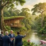 Líderes mundiais reunidos na Amazônia durante a COP30, ao lado de comunidades indígenas, em cenário de floresta tropical com arquitetura sustentável e biodiversidade.