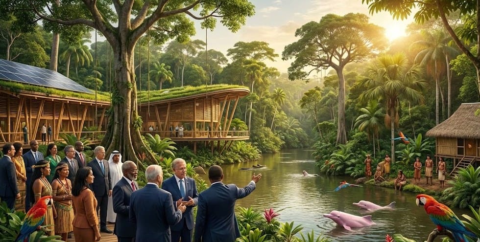 Líderes mundiais reunidos na Amazônia durante a COP30, ao lado de comunidades indígenas, em cenário de floresta tropical com arquitetura sustentável e biodiversidade.