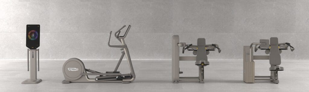 Equipamentos da linha Artis Luxury da Technogym dispostos em ambiente sofisticado, destacando design moderno e acabamento premium.