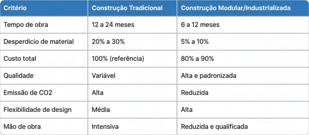 Tabela comparativa entre construção tradicional e construção modular/industrializada, destacando tempo de obra, desperdício de material, custo, qualidade, emissão de CO2, flexibilidade de design e mão de obra.