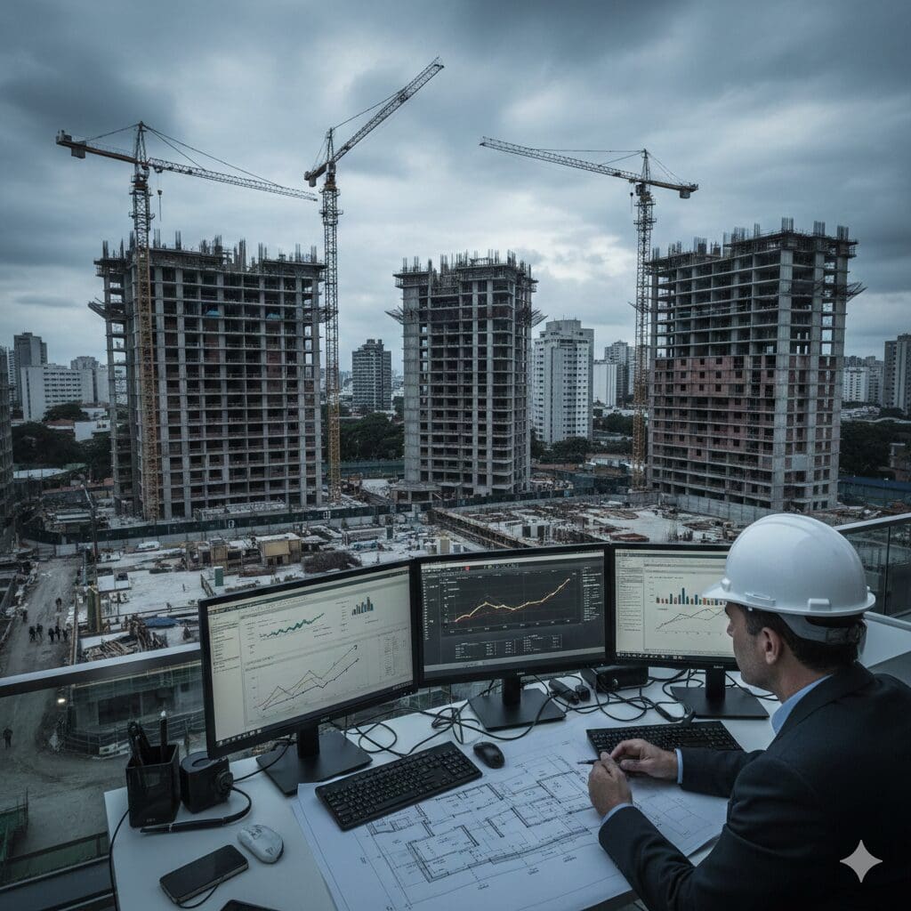 Engenheiro com capacete monitora dados e gráficos em múltiplos monitores, analisando o progresso de grandes edifícios em construção ao fundo, representando o gerenciamento de obras com tecnologia.