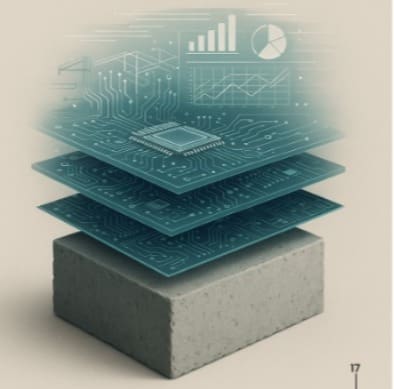 Ilustração de um bloco de concreto com camadas digitais sobrepostas, representando circuitos eletrônicos e gráficos de dados, simbolizando a integração entre tecnologia e construção civil.