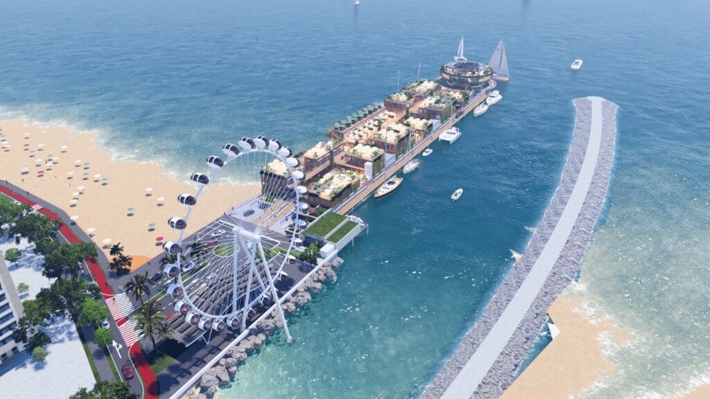 Vista aérea do Píer Oporto em Itapema, com roda-gigante, praia, Hard Rock Cafe sobre o mar e embarcações ao redor.