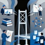 Ilustração conceitual de uma ponte ao centro, cercada por elementos que representam gestão do conhecimento na construção civil: profissionais analisando gráficos, livros, projetos arquitetônicos, apresentações e conexões em rede.
