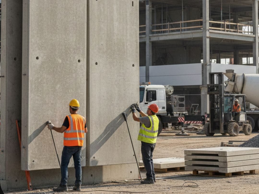 Dois operários com coletes e capacetes de segurança posicionam grandes painéis pré-moldados de concreto em um canteiro de obras, utilizando uma grua. Ao fundo, estrutura de edifício em construção e equipamentos de obra.