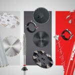 Diversos consumíveis Hilti, como brocas, discos de corte e coroas diamantadas, organizados em fundo colorido, destacando inovação e variedade.