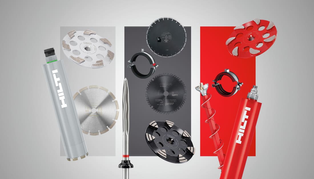 Diversos consumíveis Hilti, como brocas, discos de corte e coroas diamantadas, organizados em fundo colorido, destacando inovação e variedade.