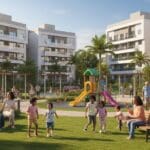 Conjunto habitacional moderno com edifícios de arquitetura contemporânea, área verde central, crianças brincando no parquinho e famílias de diferentes idades e etnias interagindo em um ambiente acolhedor e inclusivo.