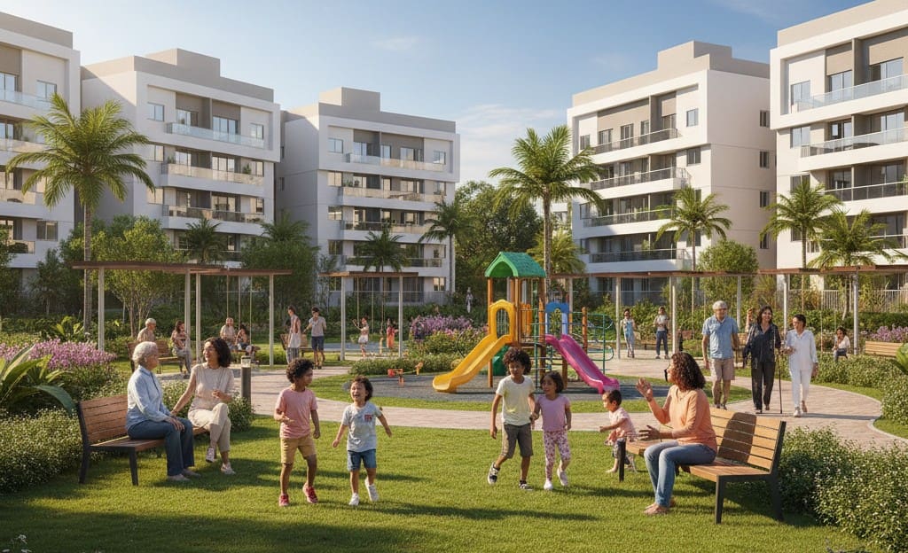 Conjunto habitacional moderno com edifícios de arquitetura contemporânea, área verde central, crianças brincando no parquinho e famílias de diferentes idades e etnias interagindo em um ambiente acolhedor e inclusivo.