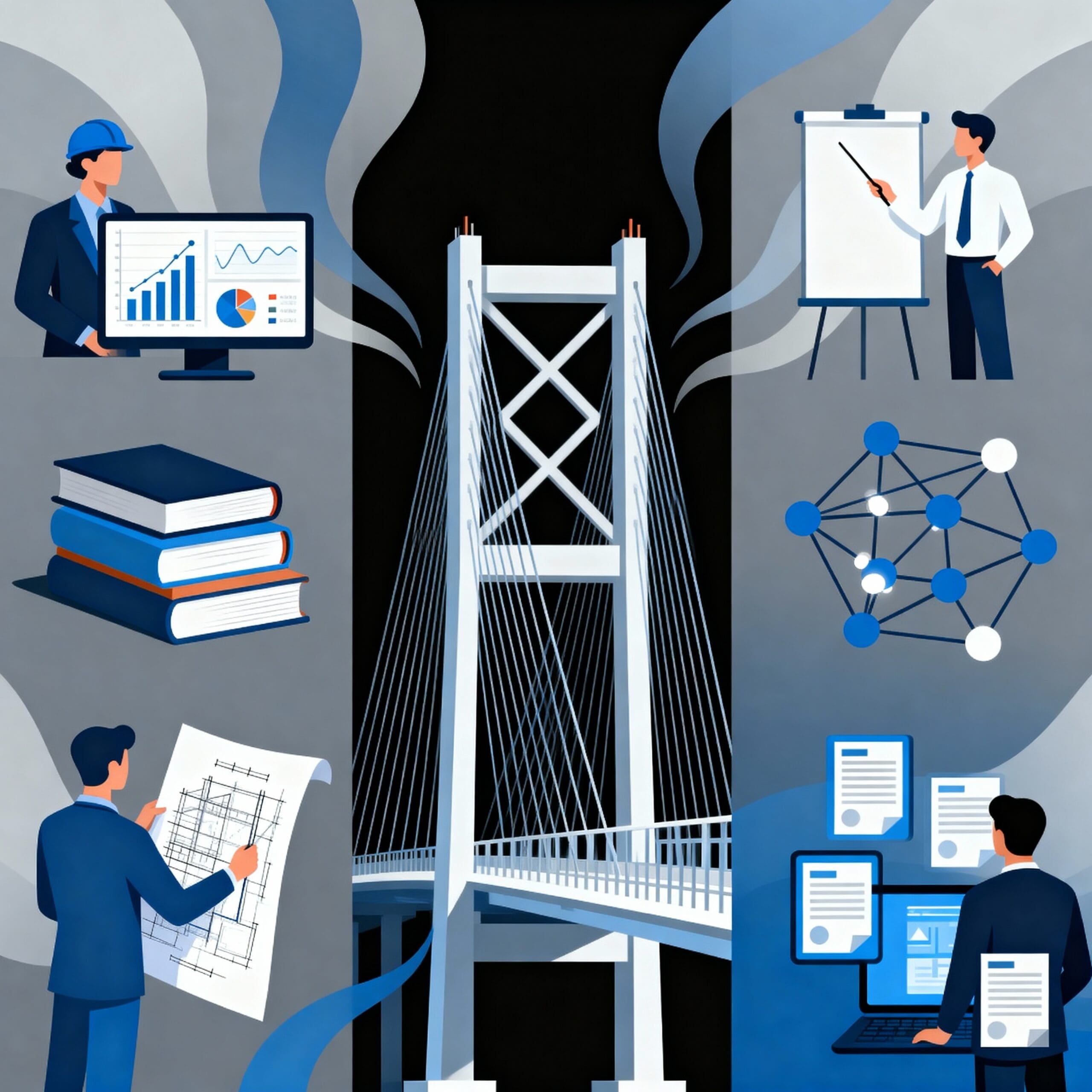 Ilustração conceitual de uma ponte ao centro, cercada por elementos que representam gestão do conhecimento na construção civil: profissionais analisando gráficos, livros, projetos arquitetônicos, apresentações e conexões em rede.