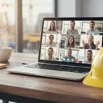 Profissionais da construção civil em videoconferência, com capacete amarelo sobre a mesa, simbolizando colaboração, inovação e integração no setor. Fonte da imagem: Grupo HTB.