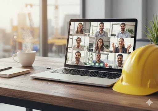 Profissionais da construção civil em videoconferência, com capacete amarelo sobre a mesa, simbolizando colaboração, inovação e integração no setor. Fonte da imagem: Grupo HTB.