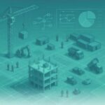 Imagem de um bloco de concreto com camadas digitais flutuantes acima, exibindo circuitos eletrônicos e gráficos, simbolizando a integração de tecnologia e análise de dados na construção civil.