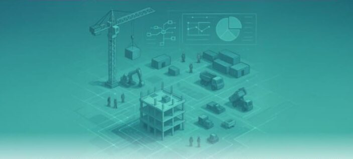 Imagem de um bloco de concreto com camadas digitais flutuantes acima, exibindo circuitos eletrônicos e gráficos, simbolizando a integração de tecnologia e análise de dados na construção civil.