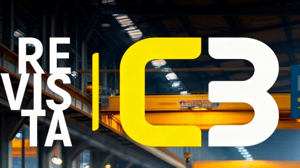 Logotipo da Revista C3 em destaque, com letras brancas e amarelas sobre fundo industrial desfocado.