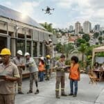 Canteiro de obras brasileiro moderno com painéis modulares sendo instalados, painéis solares no telhado, equipe diversa de profissionais, vegetação tropical ao redor, equipamentos digitais e área colaborativa ao fundo.