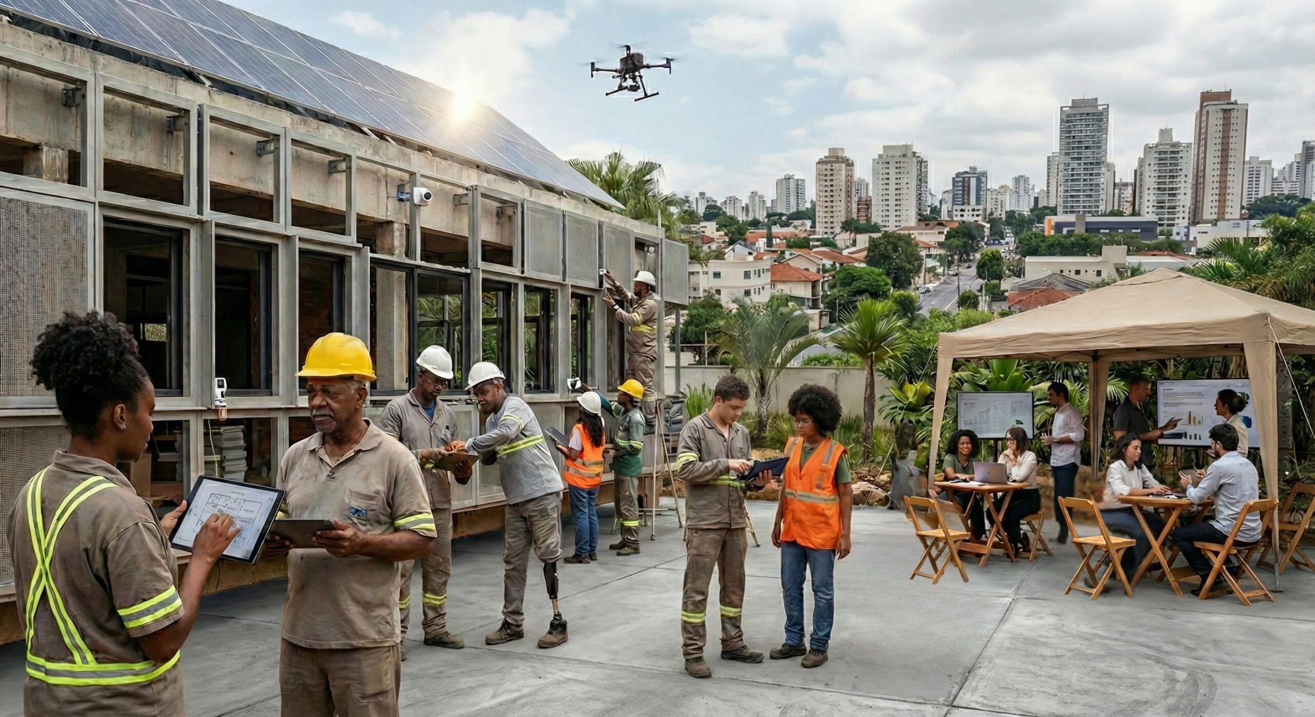 Canteiro de obras brasileiro moderno com painéis modulares sendo instalados, painéis solares no telhado, equipe diversa de profissionais, vegetação tropical ao redor, equipamentos digitais e área colaborativa ao fundo.