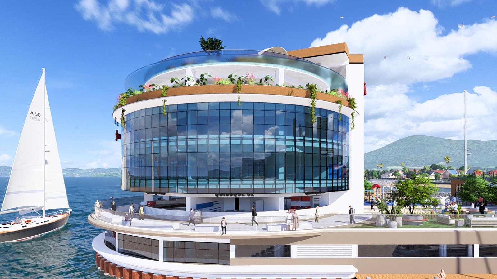 Fachada envidraçada do Hard Rock Cafe Itapema sobre o mar, destacando a integração entre arquitetura moderna e paisagem oceânica.