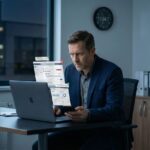 Executivo analisa postagens e dados de redes sociais em laptop e smartphone, atento à segurança e reputação corporativa no ambiente digital.