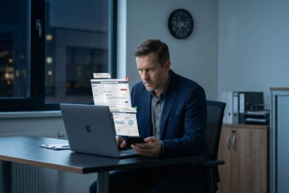 Executivo analisa postagens e dados de redes sociais em laptop e smartphone, atento à segurança e reputação corporativa no ambiente digital.