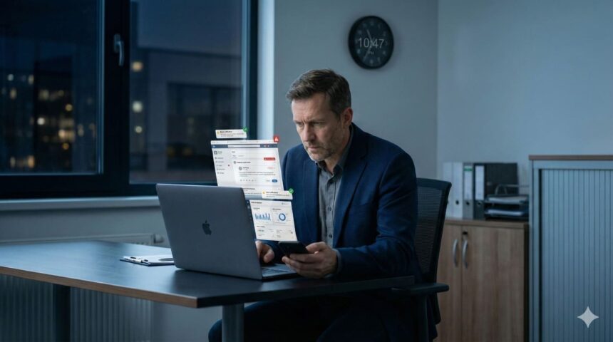 Executivo analisa postagens e dados de redes sociais em laptop e smartphone, atento à segurança e reputação corporativa no ambiente digital.