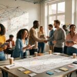 Grupo diverso de profissionais interagindo e colaborando em um ambiente de trabalho moderno, com mural de conexões ao fundo e mesa repleta de materiais de planejamento.
