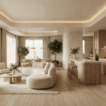 Ambiente integrado com design biofílico, iluminação natural, móveis orgânicos e plantas, exemplificando princípios de neuroarquitetura em um espaço residencial.