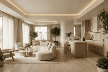 Ambiente integrado com design biofílico, iluminação natural, móveis orgânicos e plantas, exemplificando princípios de neuroarquitetura em um espaço residencial.