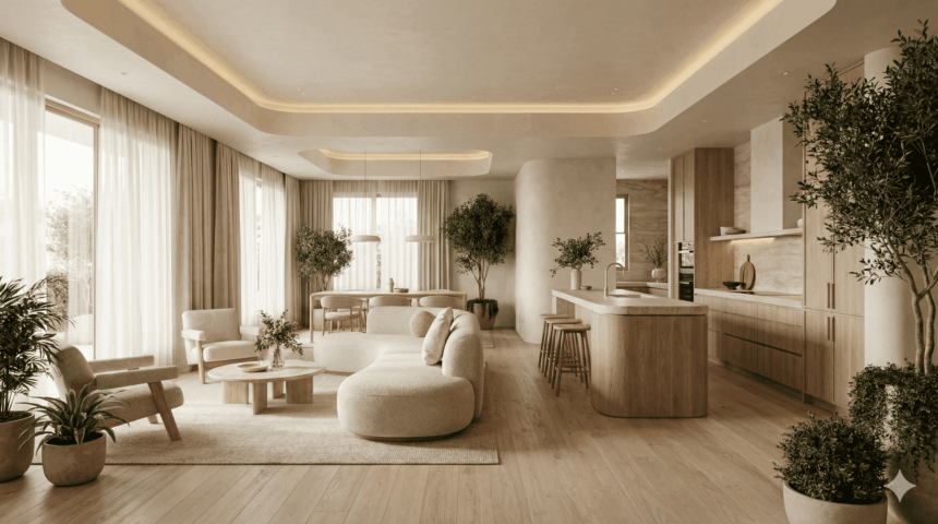 Ambiente integrado com design biofílico, iluminação natural, móveis orgânicos e plantas, exemplificando princípios de neuroarquitetura em um espaço residencial.