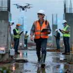Engenheiros e operários em canteiro de obras moderno utilizam tablets e sensores IoT, enquanto um drone sobrevoa a estrutura para inspeção digital, representando a aplicação de inteligência artificial e tecnologia na construção civil.