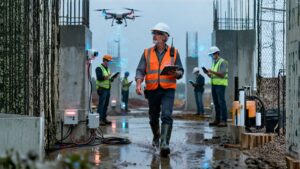 Engenheiros e operários em canteiro de obras moderno utilizam tablets e sensores IoT, enquanto um drone sobrevoa a estrutura para inspeção digital, representando a aplicação de inteligência artificial e tecnologia na construção civil.