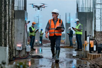 Engenheiros e operários em canteiro de obras moderno utilizam tablets e sensores IoT, enquanto um drone sobrevoa a estrutura para inspeção digital, representando a aplicação de inteligência artificial e tecnologia na construção civil.