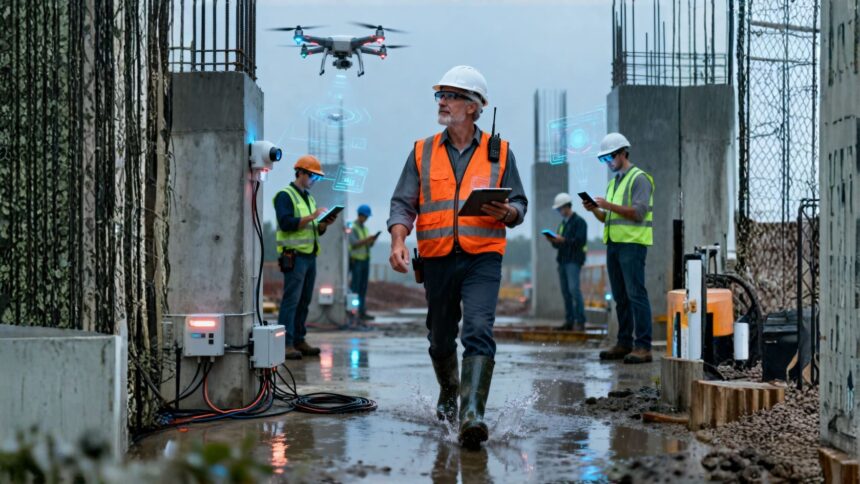 Engenheiros e operários em canteiro de obras moderno utilizam tablets e sensores IoT, enquanto um drone sobrevoa a estrutura para inspeção digital, representando a aplicação de inteligência artificial e tecnologia na construção civil.