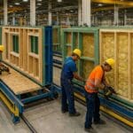 Operários em linha de montagem industrial de painéis de madeira e isolamento térmico para construção modular, representando os conceitos de Lean Construction e pré-construção.