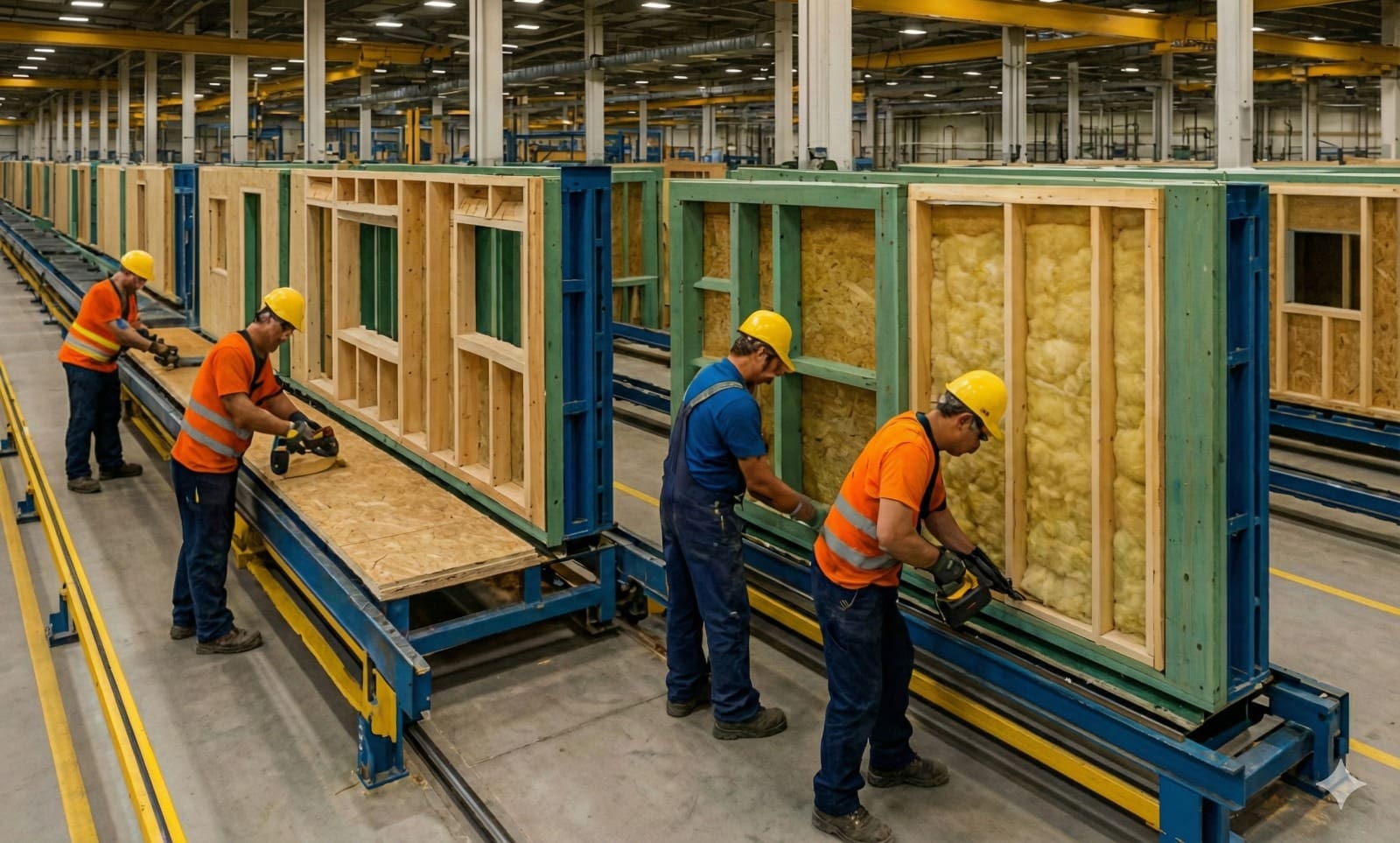 Operários em linha de montagem industrial de painéis de madeira e isolamento térmico para construção modular, representando os conceitos de Lean Construction e pré-construção.