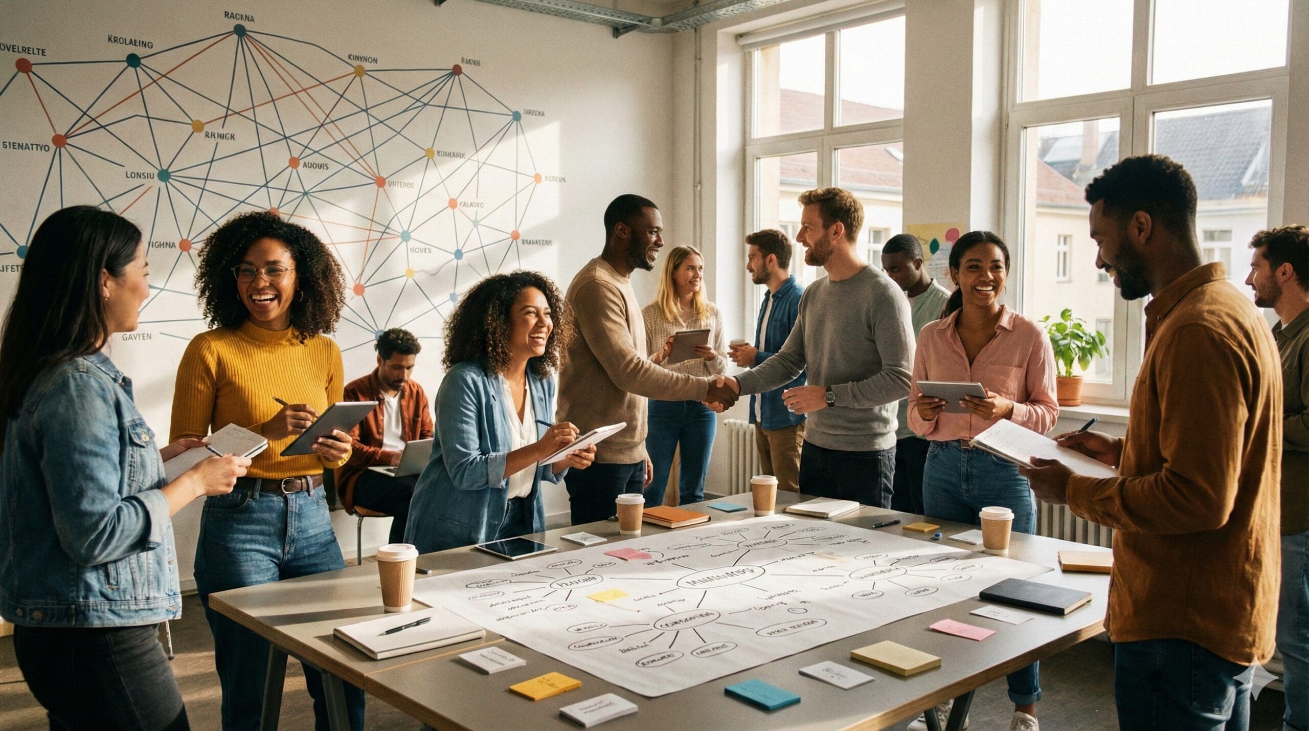 Grupo diverso de profissionais interagindo e colaborando em um ambiente de trabalho moderno, com mural de conexões ao fundo e mesa repleta de materiais de planejamento.