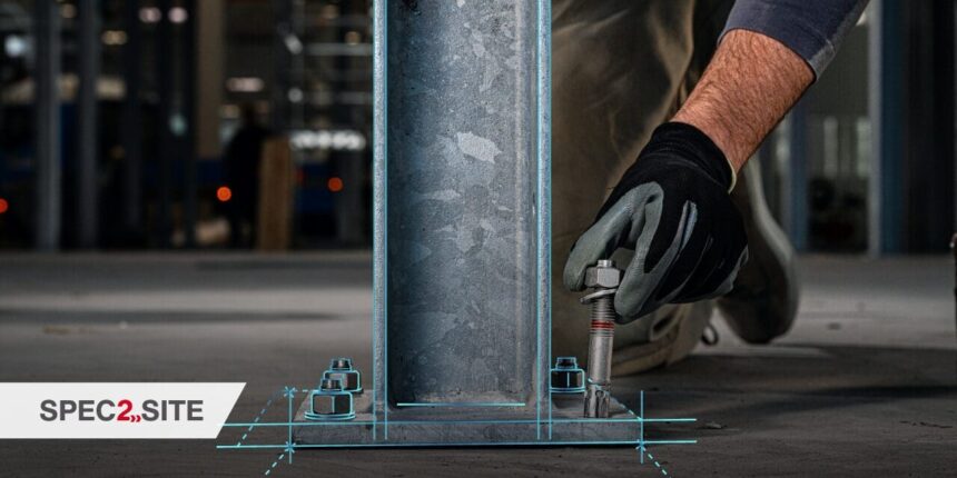 Engenheiro ajustando fixador estrutural com luva de proteção em base metálica, representando integração entre projeto e execução com soluções SPEC2SITE Hilti.