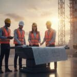 Profissionais de engenharia e gestão em um canteiro de obras moderno e organizado, utilizando capacetes e coletes refletivos, representando a disciplina e o crescimento da construção civil em 2026.